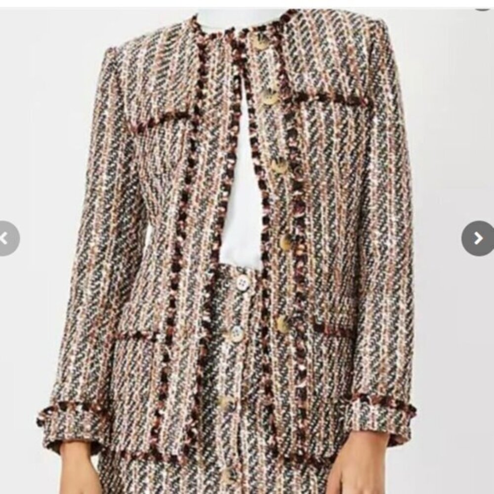 Ann Taylor Metallic Fringe Tweed Blazer Jacket Brown Size 4 NWT